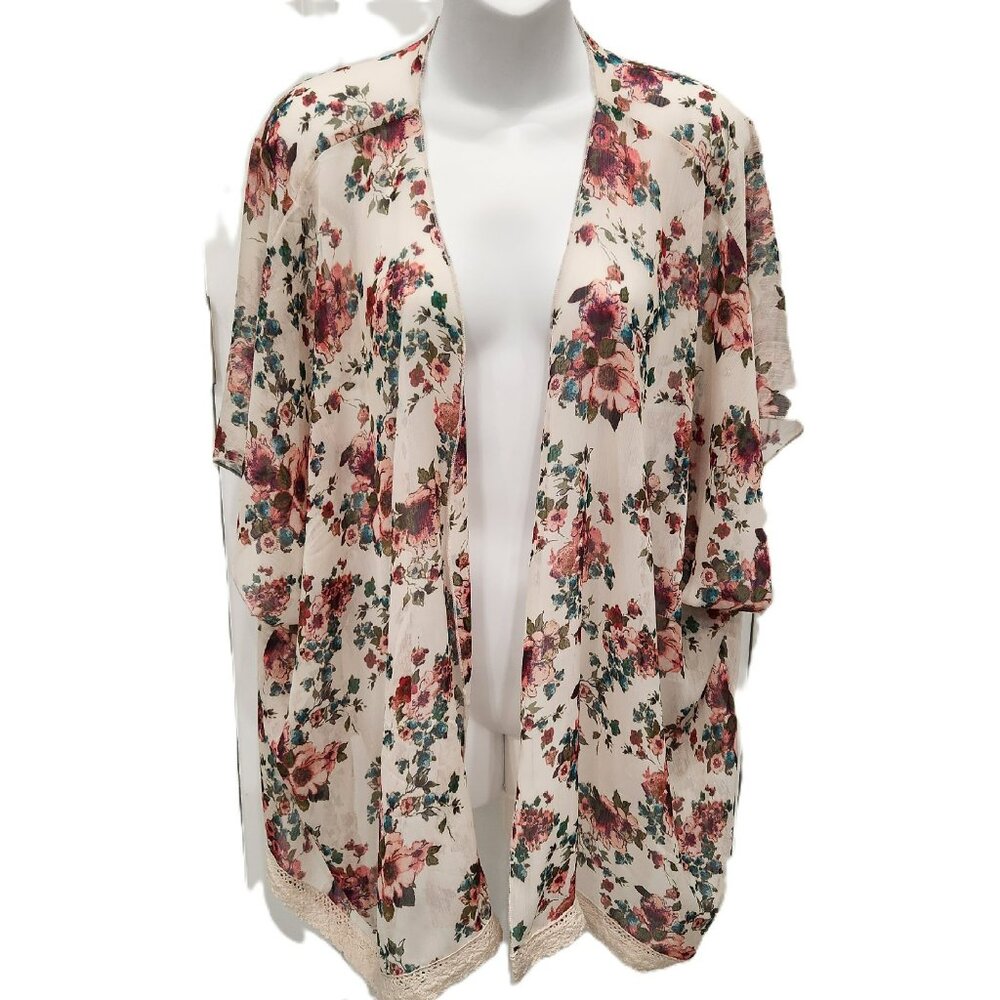 Mason + Mackenzie Kimono Pink Floral Sheer Lace Trim Cottagecore Romantic Sz S